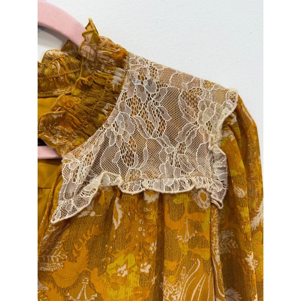 Tahari Floral Mini Dress 12 Mustard Yellow Lace Yoke Long Sleeve Boho Tiered - Picture 4 of 10